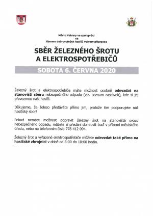 SBĚR DROBNÝCH NEBEZPEČNÝCH ODPADŮ,ELEKTROSPOTŘEBIČŮ A ŽELEZNÉHO ŠROTU PROBĚHNE 6. 6. 2020