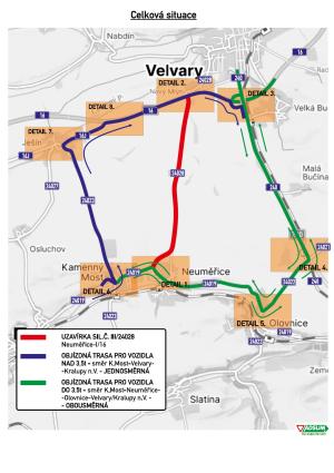 souhrnná situace uzavírky silnice Velvary-Neuměřice a objízdné trasy