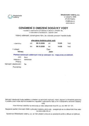 OZNÁMENÍ O OMEZENÍ DODÁVKY VODY
